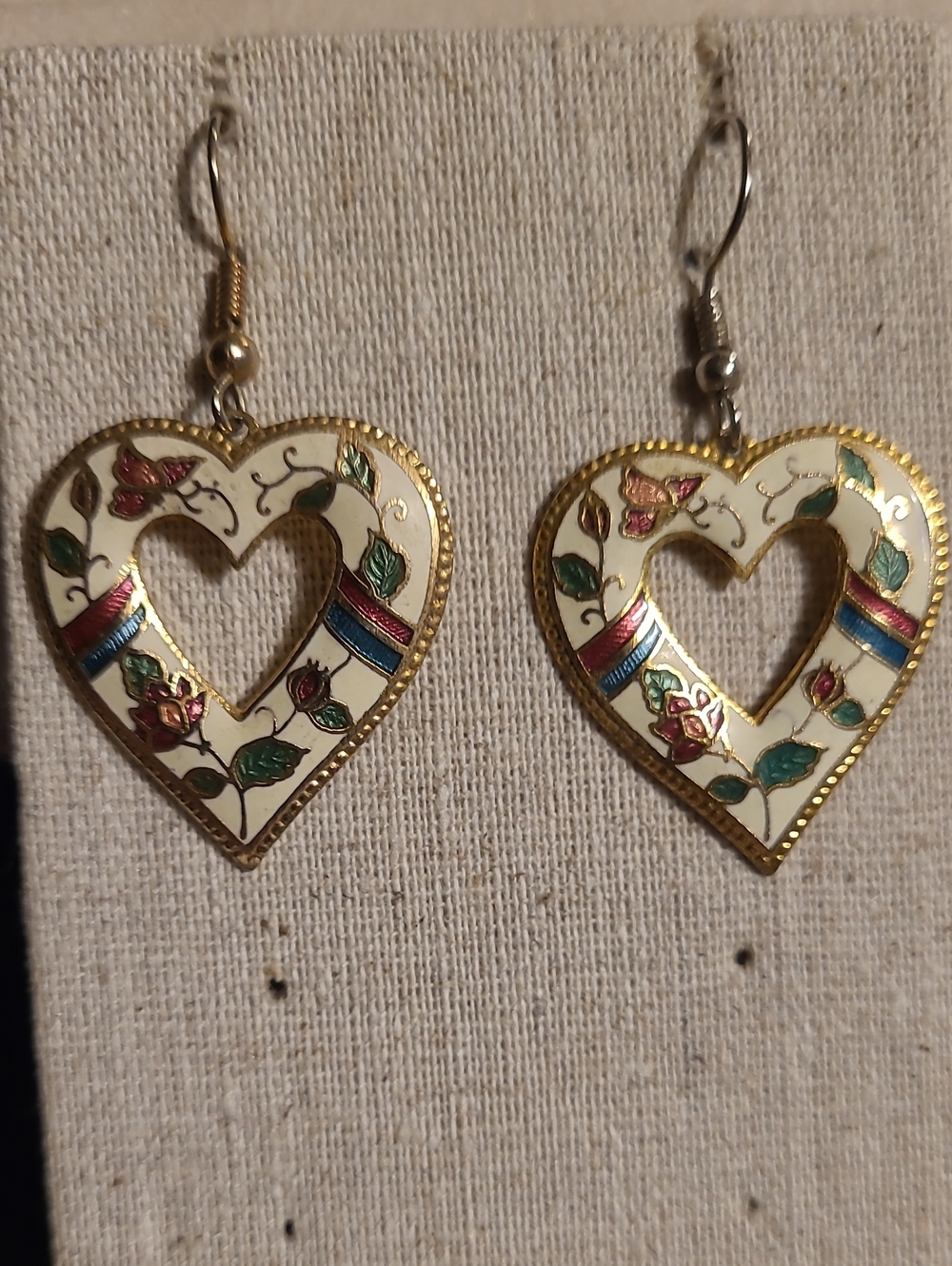 Vintage Cloisonné Heart Earrings Floral Butterfly Made in Taiwan